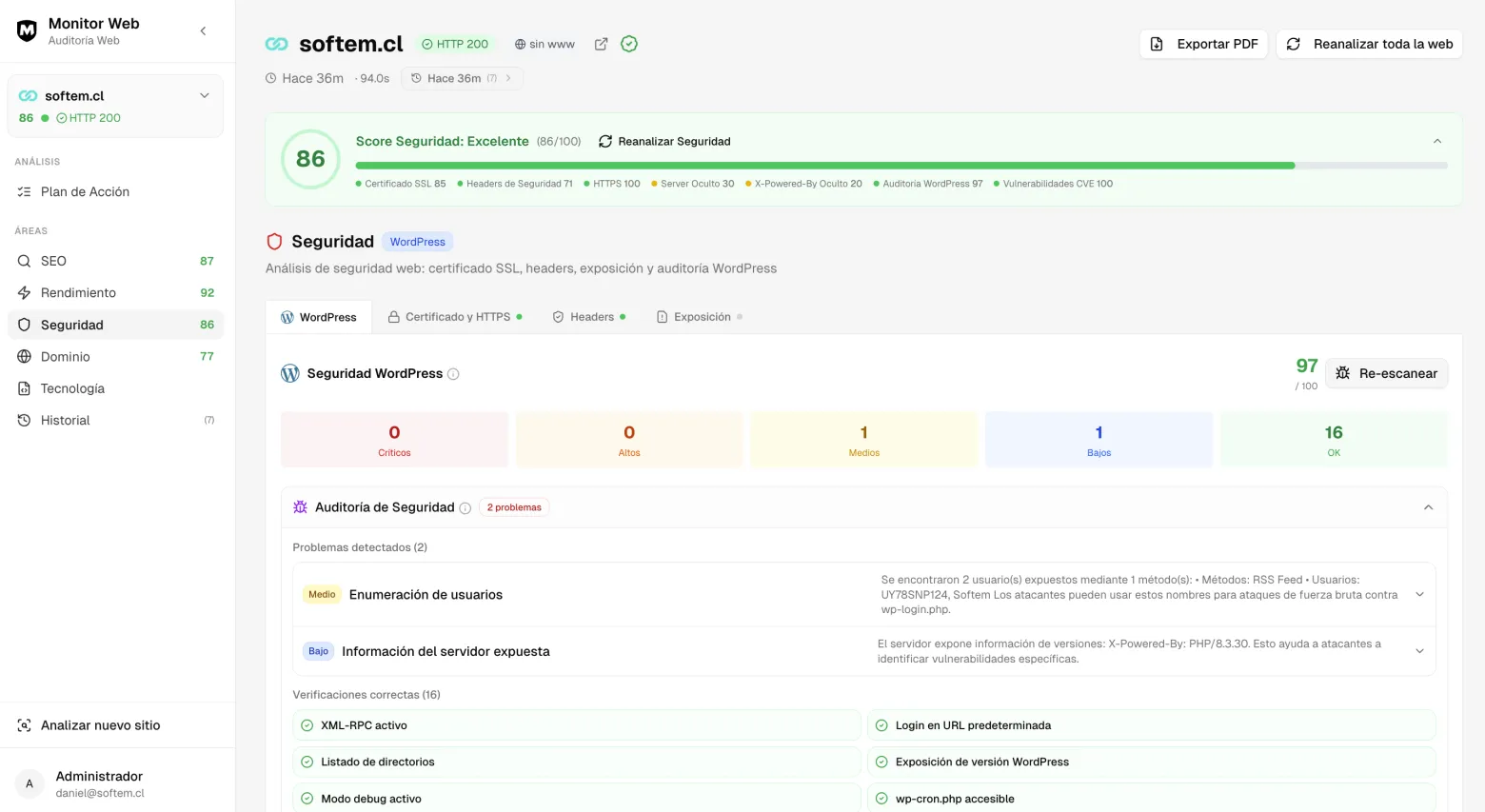 Vista del tab Seguridad con auditoría WordPress y verificaciones
